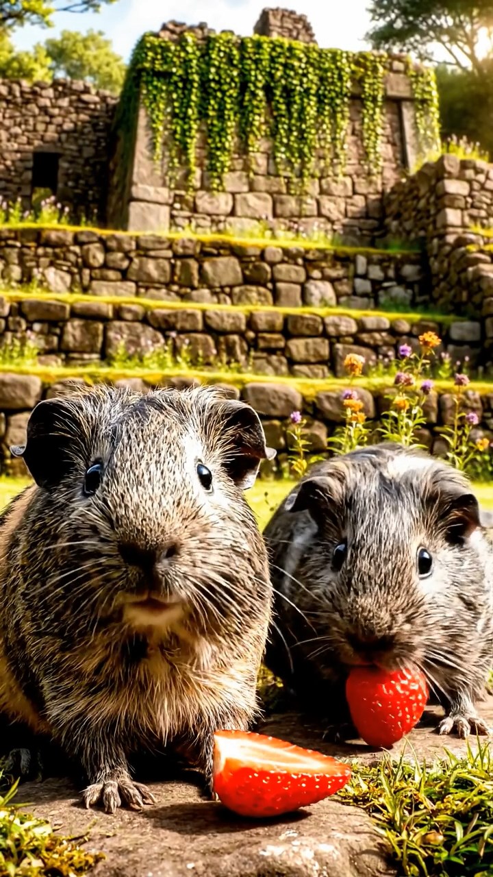 1506. Photorealistic view of 2 smooth-haired Texel guinea pigs with gray and black fur, enjoying strawberry halves, amid overgrown Incan ruins with stone terraces and vine-covered walls.