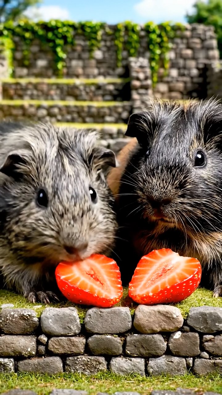 1506. Photorealistic view of 2 smooth-haired Texel guinea pigs with gray and black fur, enjoying strawberry halves, amid overgrown Incan ruins with stone terraces and vine-covered walls.