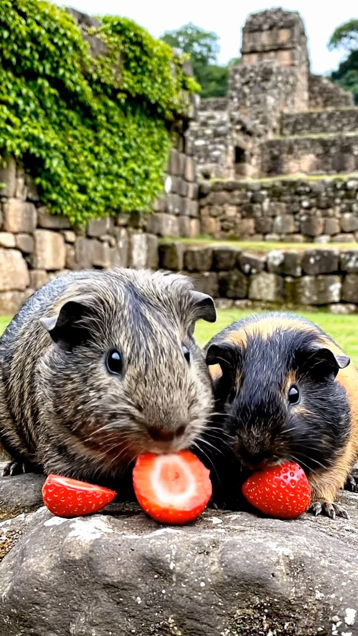 1506. Photorealistic view of 2 smooth-haired Texel guinea pigs with gray and black fur, enjoying strawberry halves, amid overgrown Incan ruins with stone terraces and vine-covered walls.