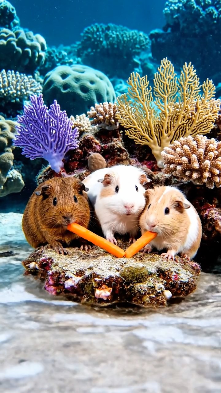 1507. Realistic image of 3 smooth-haired Rex guinea pigs featuring brown, cream, and fawn coats, munching on carrot sticks, in a shallow reef lagoon with colorful corals and gentle waves lapping.