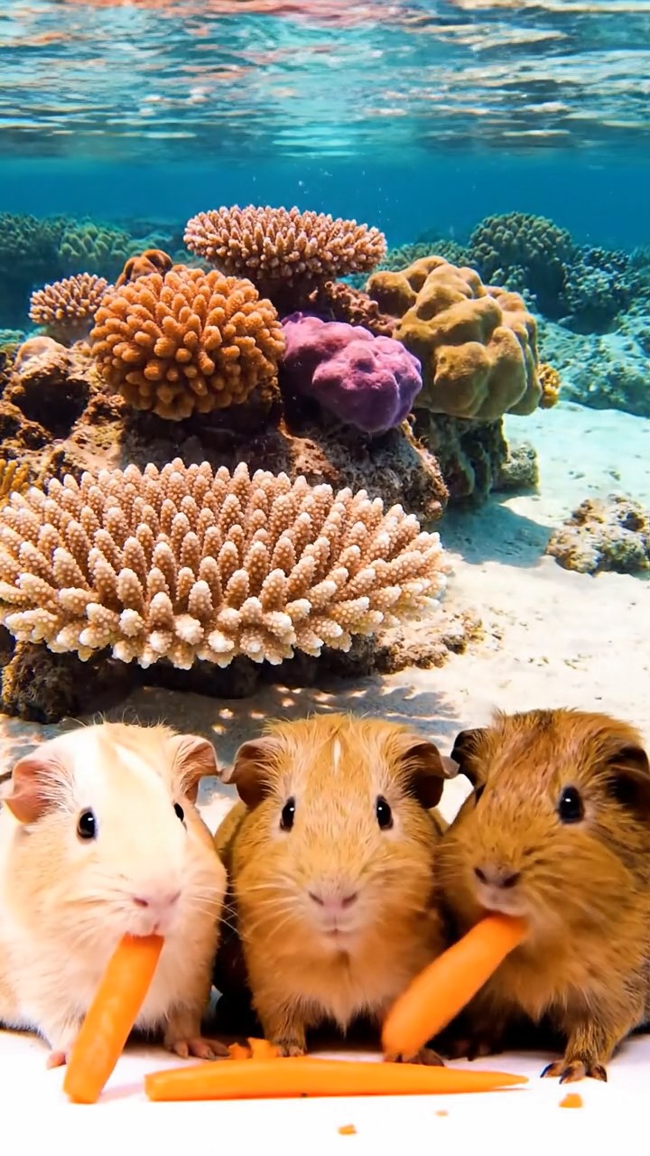 1507. Realistic image of 3 smooth-haired Rex guinea pigs featuring brown, cream, and fawn coats, munching on carrot sticks, in a shallow reef lagoon with colorful corals and gentle waves lapping.