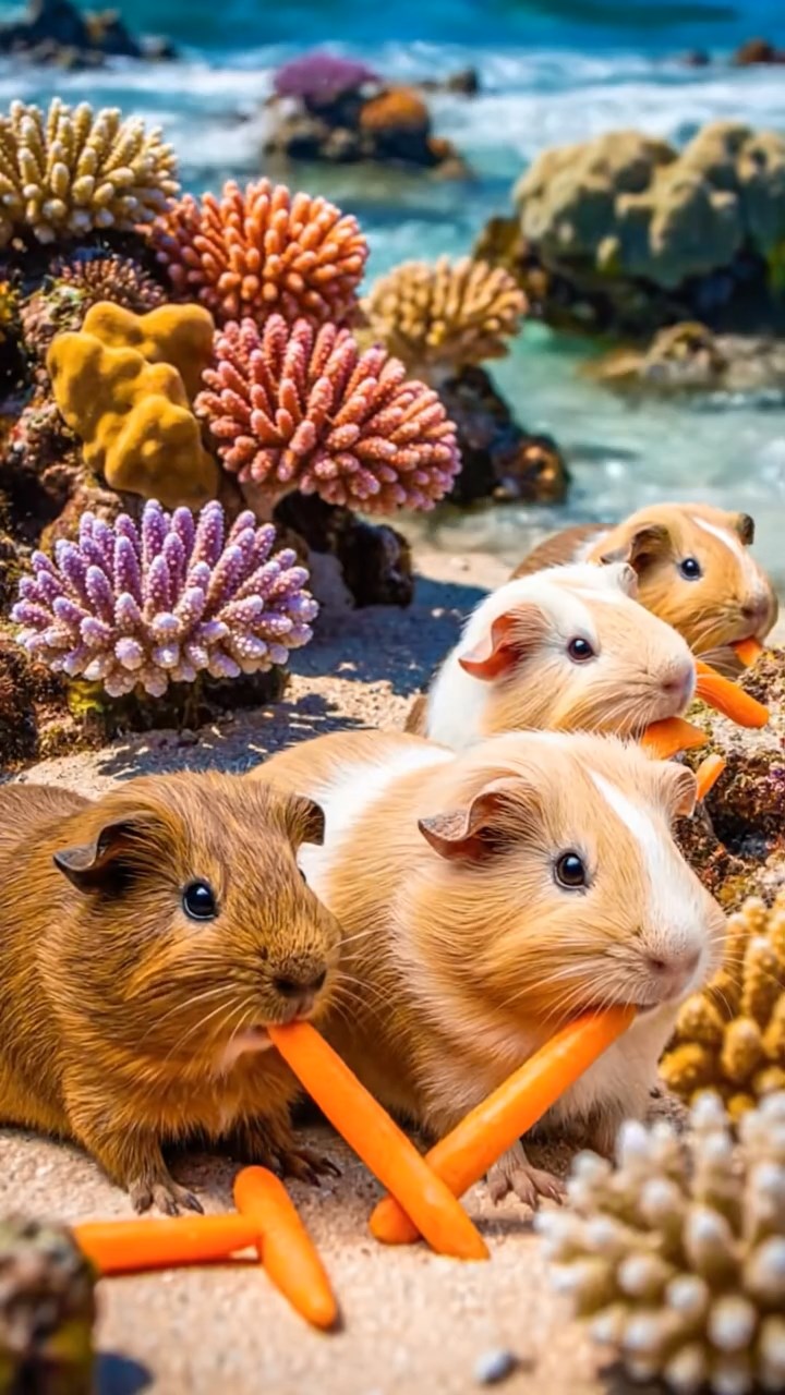 1507. Realistic image of 3 smooth-haired Rex guinea pigs featuring brown, cream, and fawn coats, munching on carrot sticks, in a shallow reef lagoon with colorful corals and gentle waves lapping.