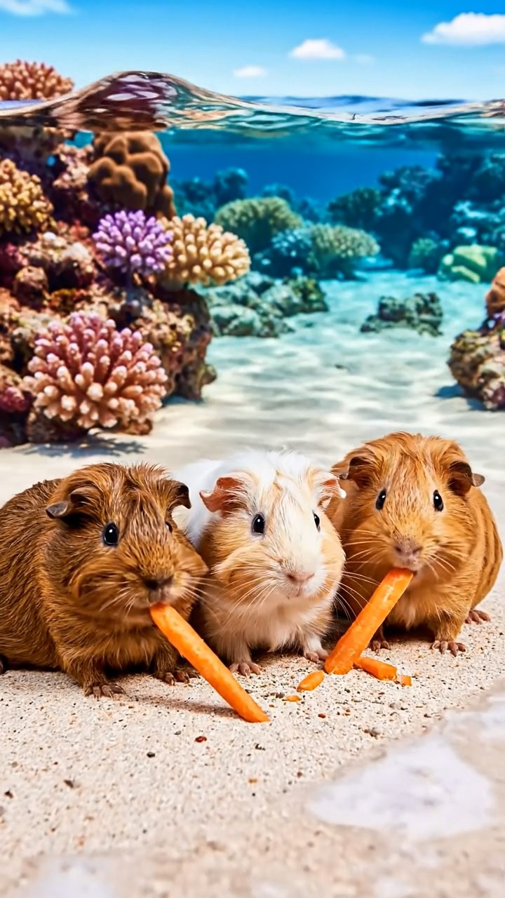 1507. Realistic image of 3 smooth-haired Rex guinea pigs featuring brown, cream, and fawn coats, munching on carrot sticks, in a shallow reef lagoon with colorful corals and gentle waves lapping.