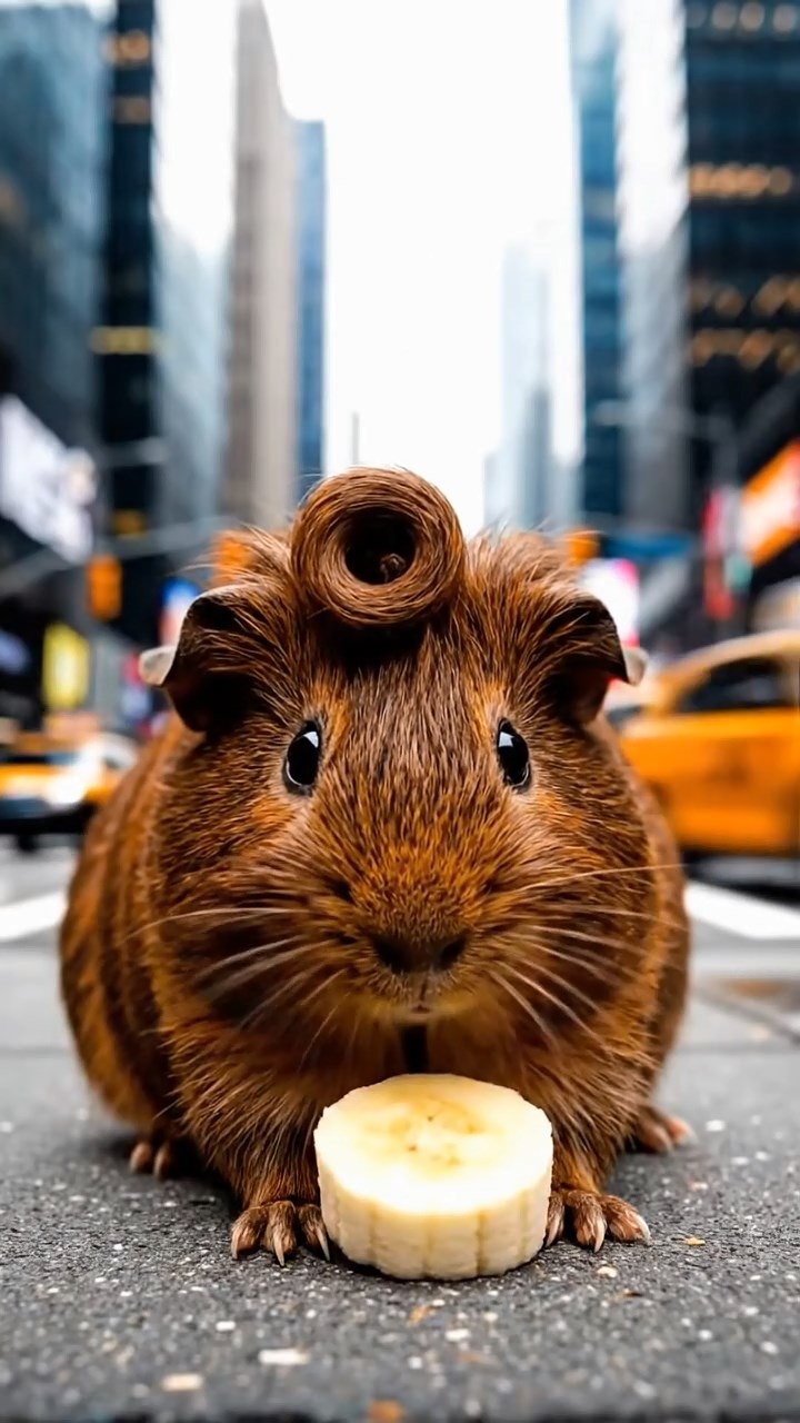 1508. Highly detailed scene of 1 smooth-haired Coronet guinea pig with chocolate fur, nibbling on banana slices, on a busy city avenue sidewalk with skyscrapers and yellow taxis passing by.