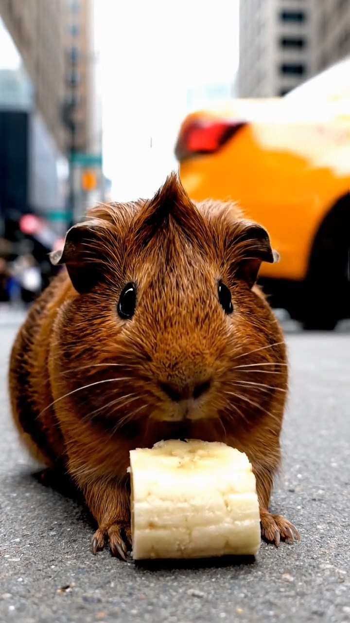 1508. Highly detailed scene of 1 smooth-haired Coronet guinea pig with chocolate fur, nibbling on banana slices, on a busy city avenue sidewalk with skyscrapers and yellow taxis passing by.