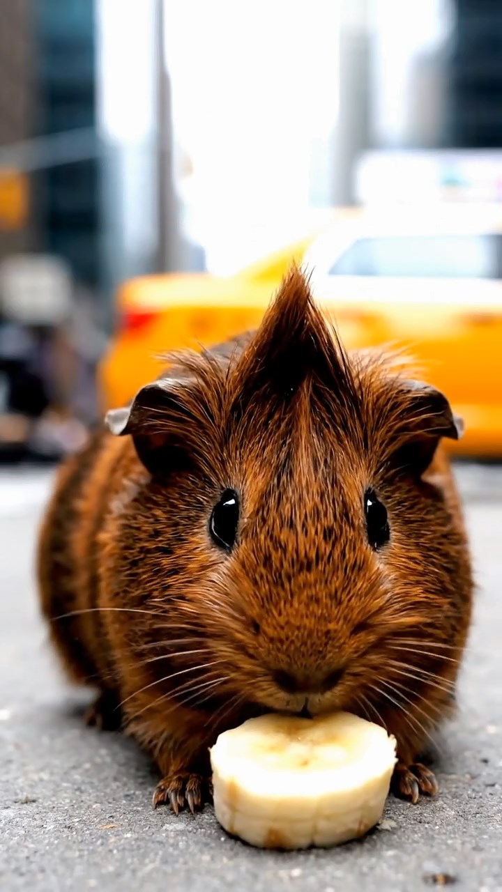 1508. Highly detailed scene of 1 smooth-haired Coronet guinea pig with chocolate fur, nibbling on banana slices, on a busy city avenue sidewalk with skyscrapers and yellow taxis passing by.