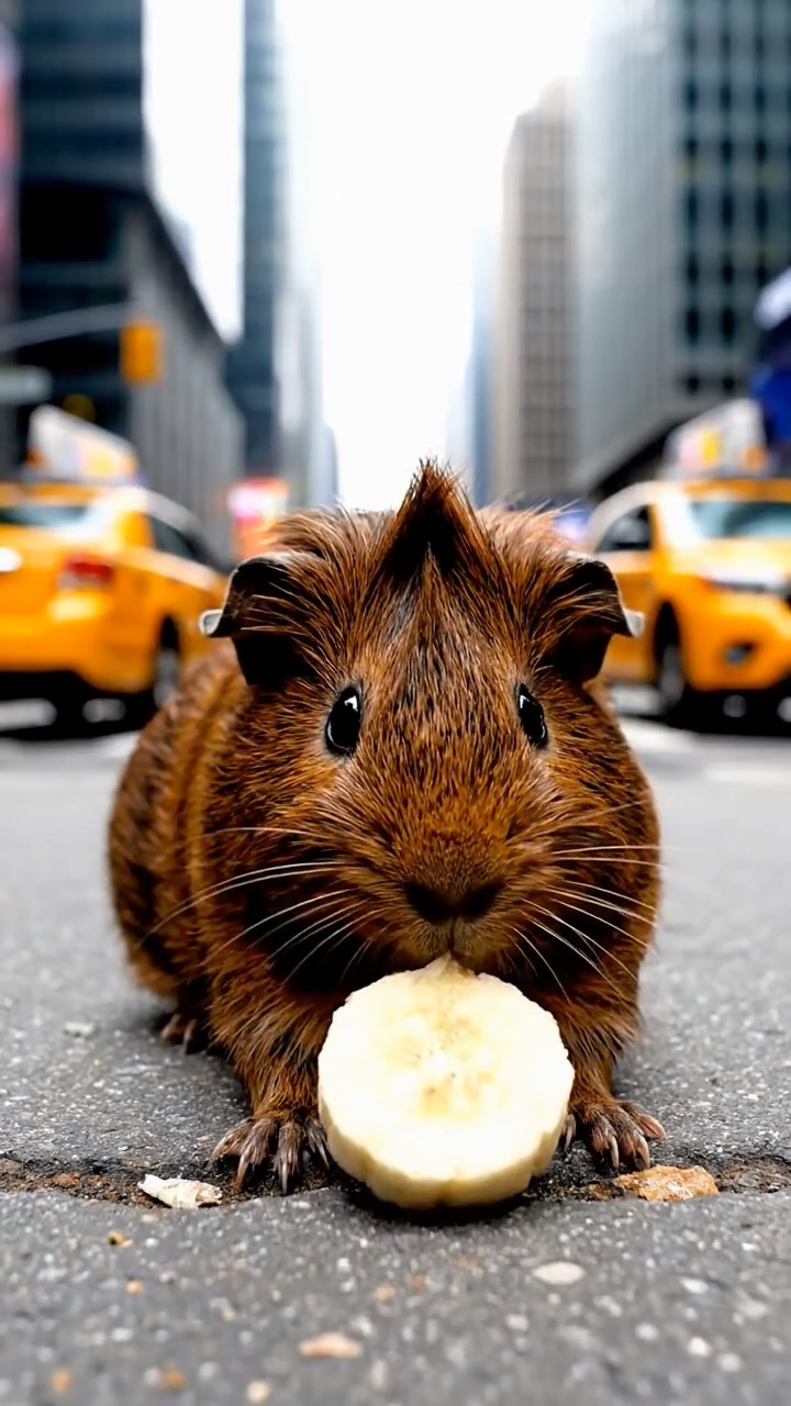 1508. Highly detailed scene of 1 smooth-haired Coronet guinea pig with chocolate fur, nibbling on banana slices, on a busy city avenue sidewalk with skyscrapers and yellow taxis passing by.
