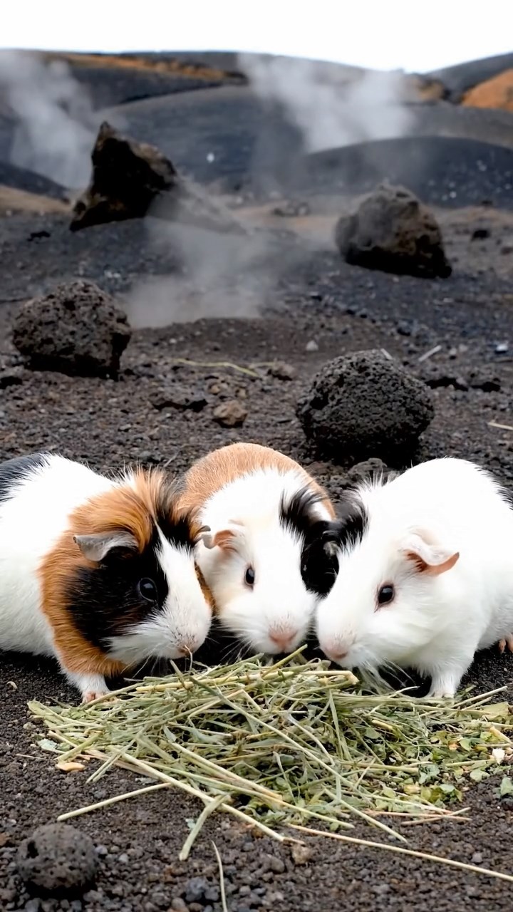 1509. Photorealistic photo of 4 smooth-haired White Crested guinea pigs with cinnamon, sable, and white fur, eating alfalfa hay, in a barren lunar-like volcanic field with jagged rocks and steam vents.