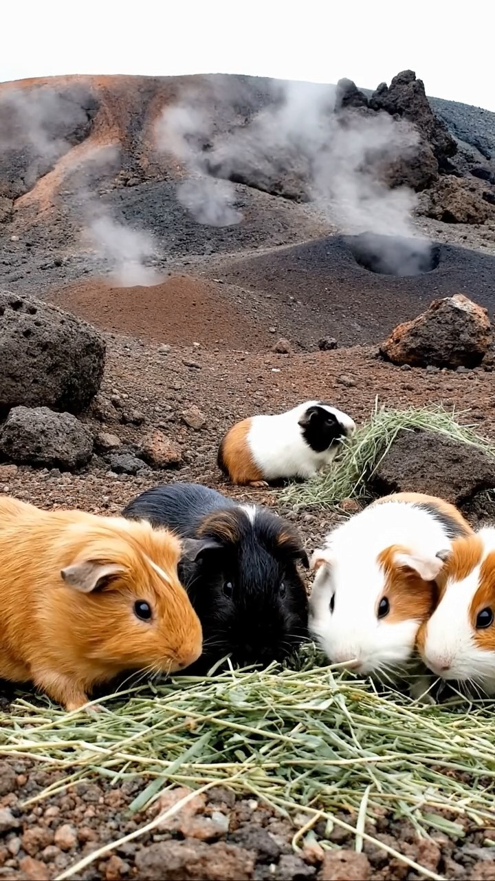 1509. Photorealistic photo of 4 smooth-haired White Crested guinea pigs with cinnamon, sable, and white fur, eating alfalfa hay, in a barren lunar-like volcanic field with jagged rocks and steam vents.