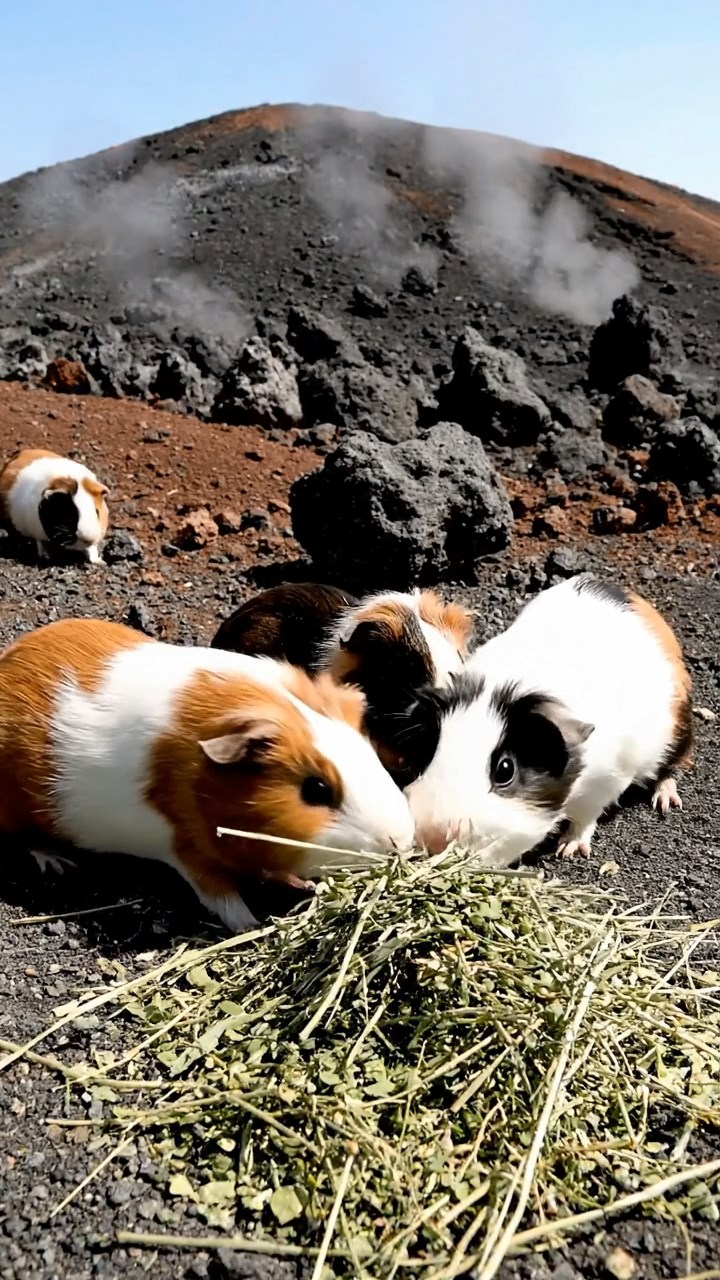 1509. Photorealistic photo of 4 smooth-haired White Crested guinea pigs with cinnamon, sable, and white fur, eating alfalfa hay, in a barren lunar-like volcanic field with jagged rocks and steam vents.