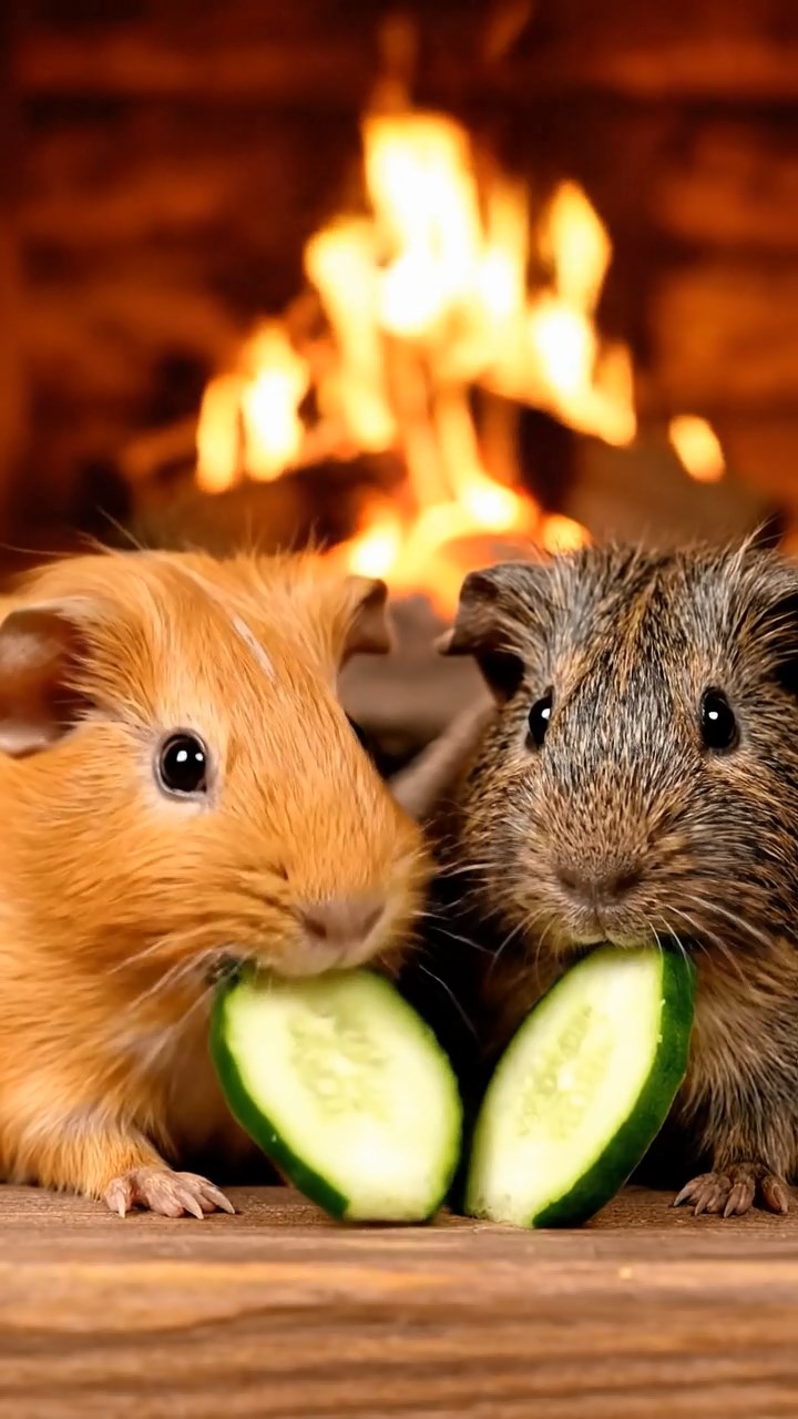 1510. Realistic depiction of 2 smooth-haired Skinny guinea pigs in orange and gray colors, chewing on cucumber slices, inside a warm log cabin hearth with crackling fire and wooden furnishings.