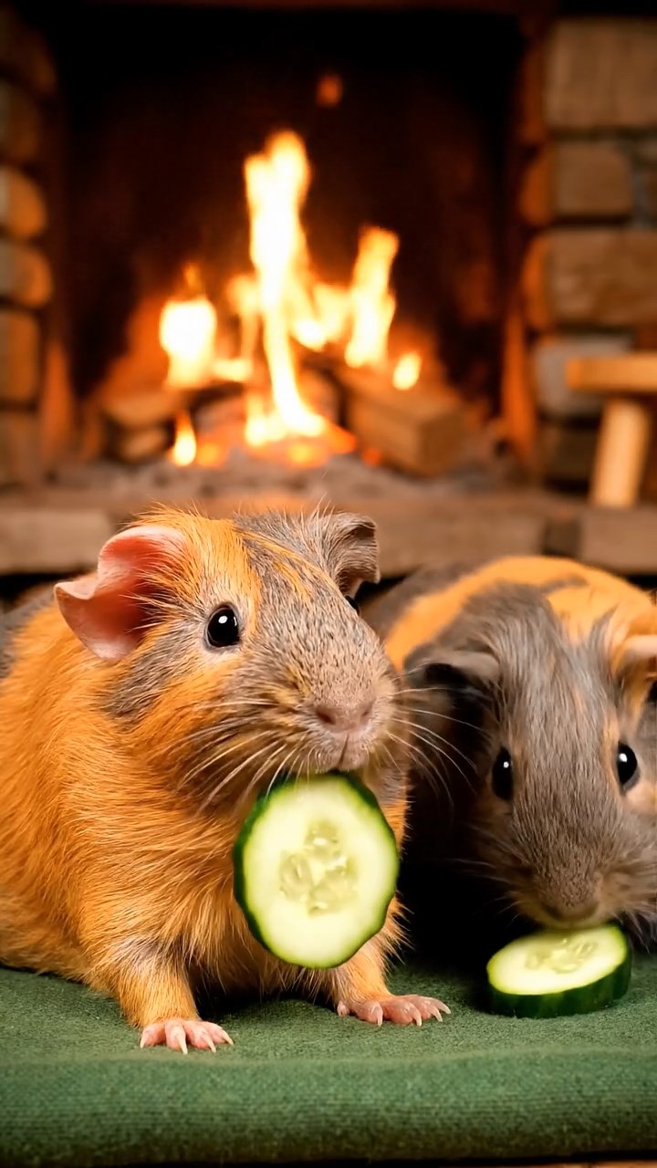 1510. Realistic depiction of 2 smooth-haired Skinny guinea pigs in orange and gray colors, chewing on cucumber slices, inside a warm log cabin hearth with crackling fire and wooden furnishings.