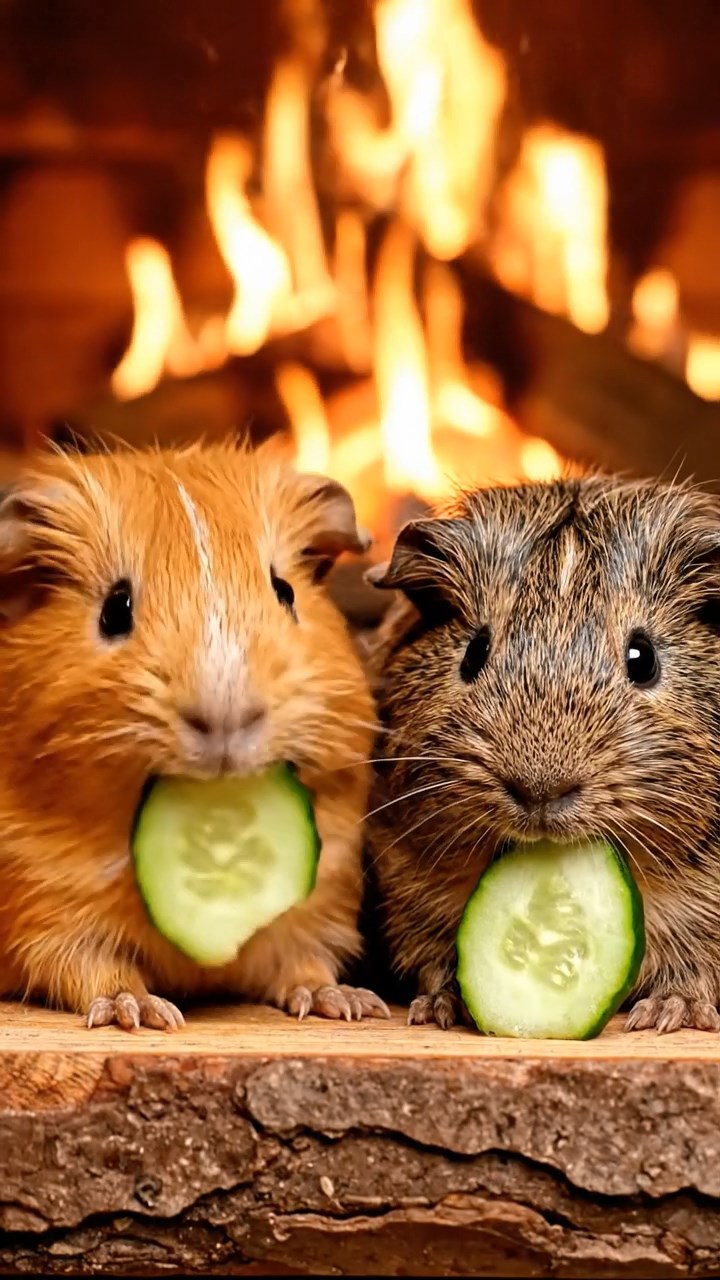 1510. Realistic depiction of 2 smooth-haired Skinny guinea pigs in orange and gray colors, chewing on cucumber slices, inside a warm log cabin hearth with crackling fire and wooden furnishings.