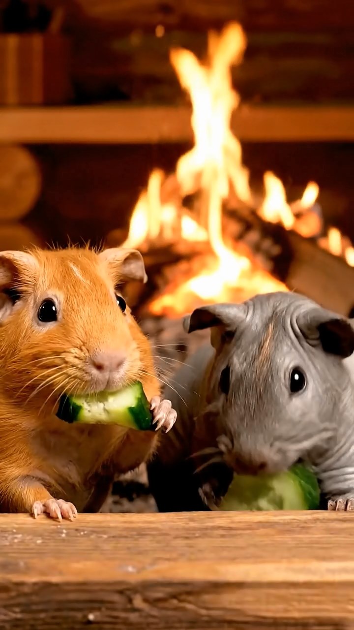 1510. Realistic depiction of 2 smooth-haired Skinny guinea pigs in orange and gray colors, chewing on cucumber slices, inside a warm log cabin hearth with crackling fire and wooden furnishings.