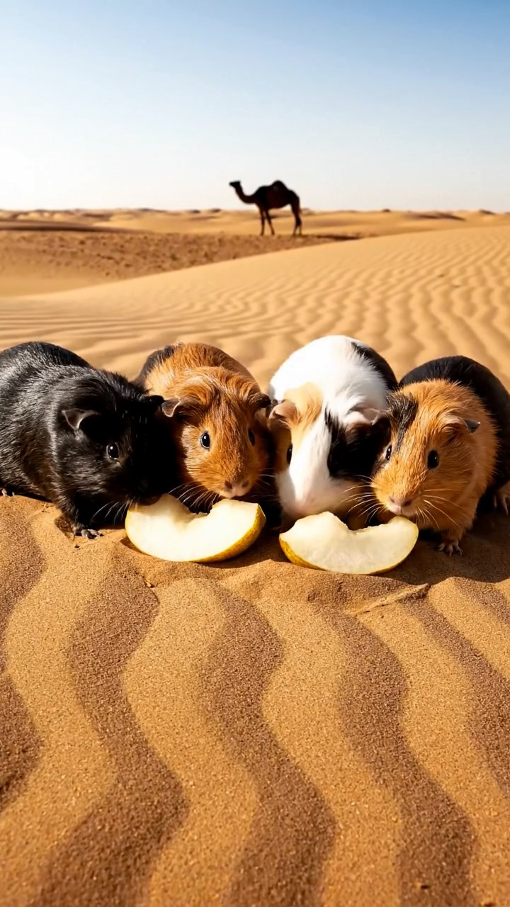 1511. Detailed realistic image of 5 smooth-haired American guinea pigs with black, brown, and cream fur, sharing pear chunks, on a vast desert sand dune with rippling patterns and a camel silhouette.