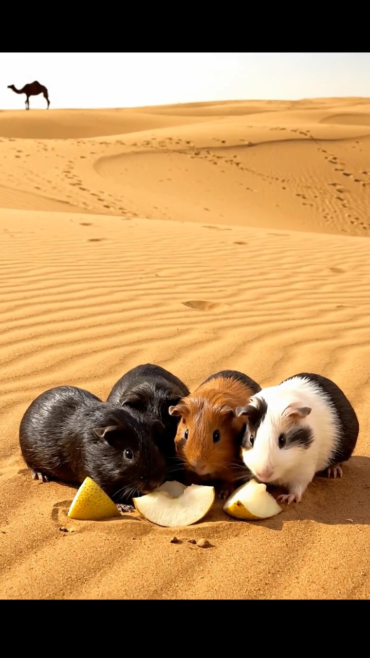 1511. Detailed realistic image of 5 smooth-haired American guinea pigs with black, brown, and cream fur, sharing pear chunks, on a vast desert sand dune with rippling patterns and a camel silhouette.