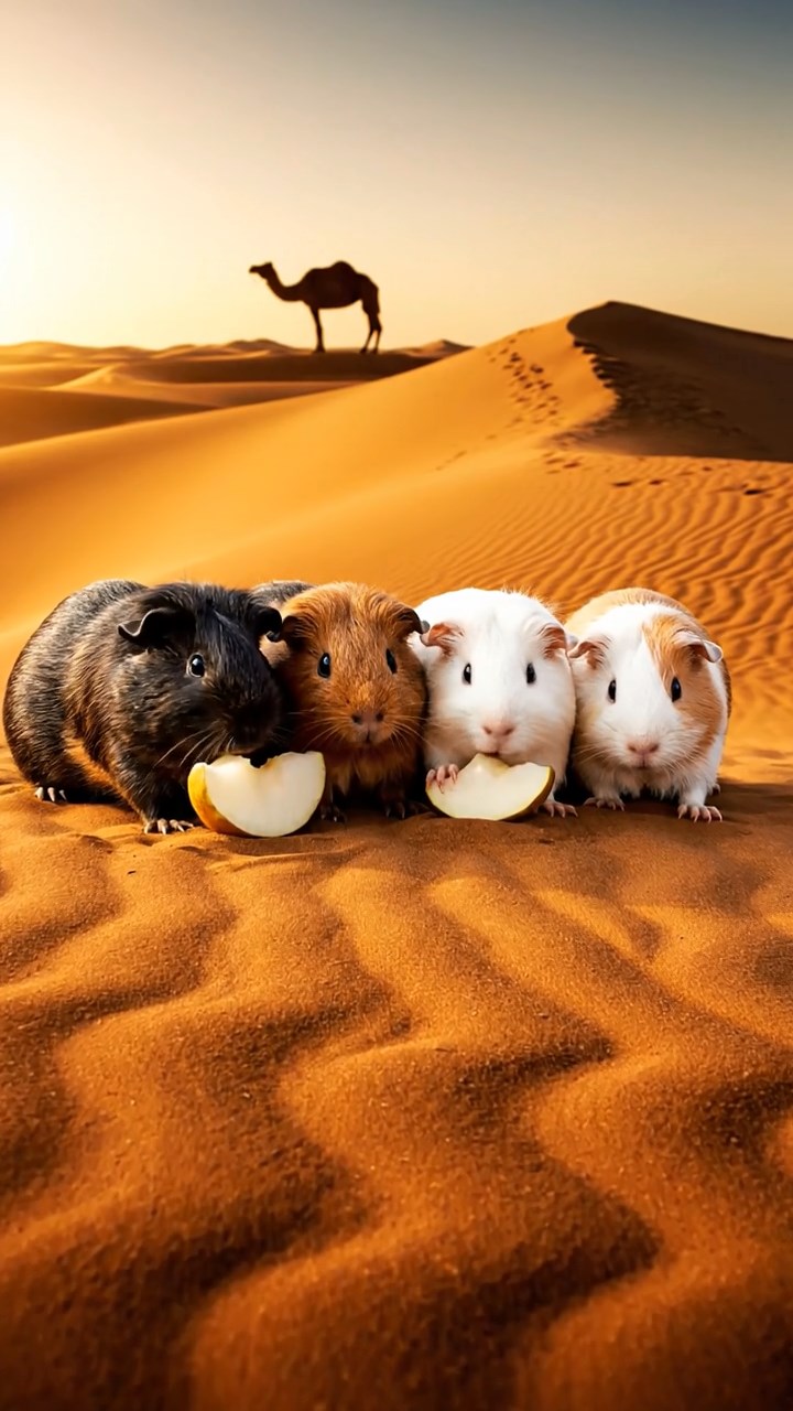 1511. Detailed realistic image of 5 smooth-haired American guinea pigs with black, brown, and cream fur, sharing pear chunks, on a vast desert sand dune with rippling patterns and a camel silhouette.