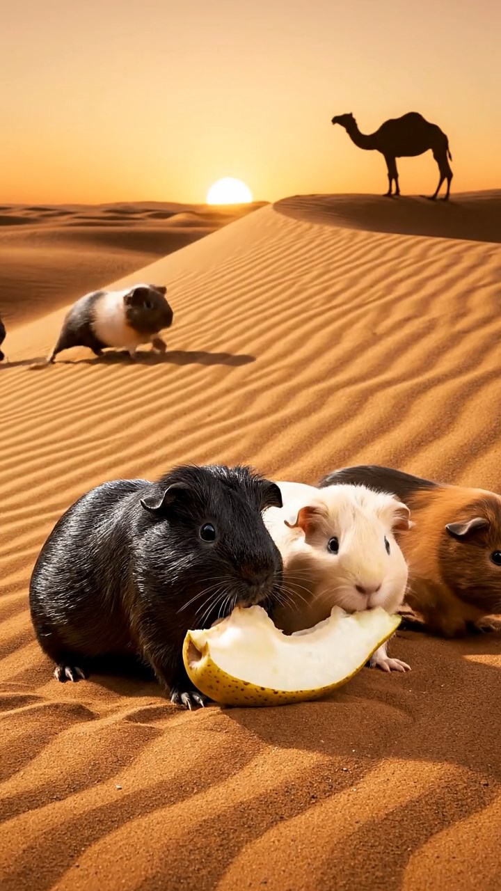 1511. Detailed realistic image of 5 smooth-haired American guinea pigs with black, brown, and cream fur, sharing pear chunks, on a vast desert sand dune with rippling patterns and a camel silhouette.