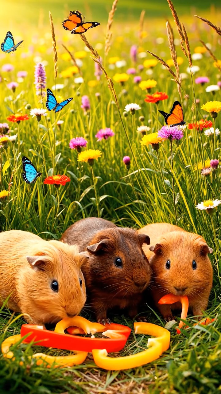 1512. Photorealistic scene of 3 smooth-haired Abyssinian guinea pigs featuring fawn, chocolate, and cinnamon coats, munching on bell pepper strips, in a lush wildflower prairie with butterflies and gentle breezes.