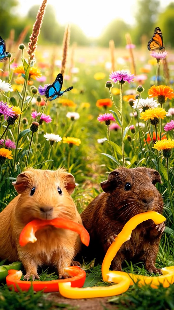 1512. Photorealistic scene of 3 smooth-haired Abyssinian guinea pigs featuring fawn, chocolate, and cinnamon coats, munching on bell pepper strips, in a lush wildflower prairie with butterflies and gentle breezes.