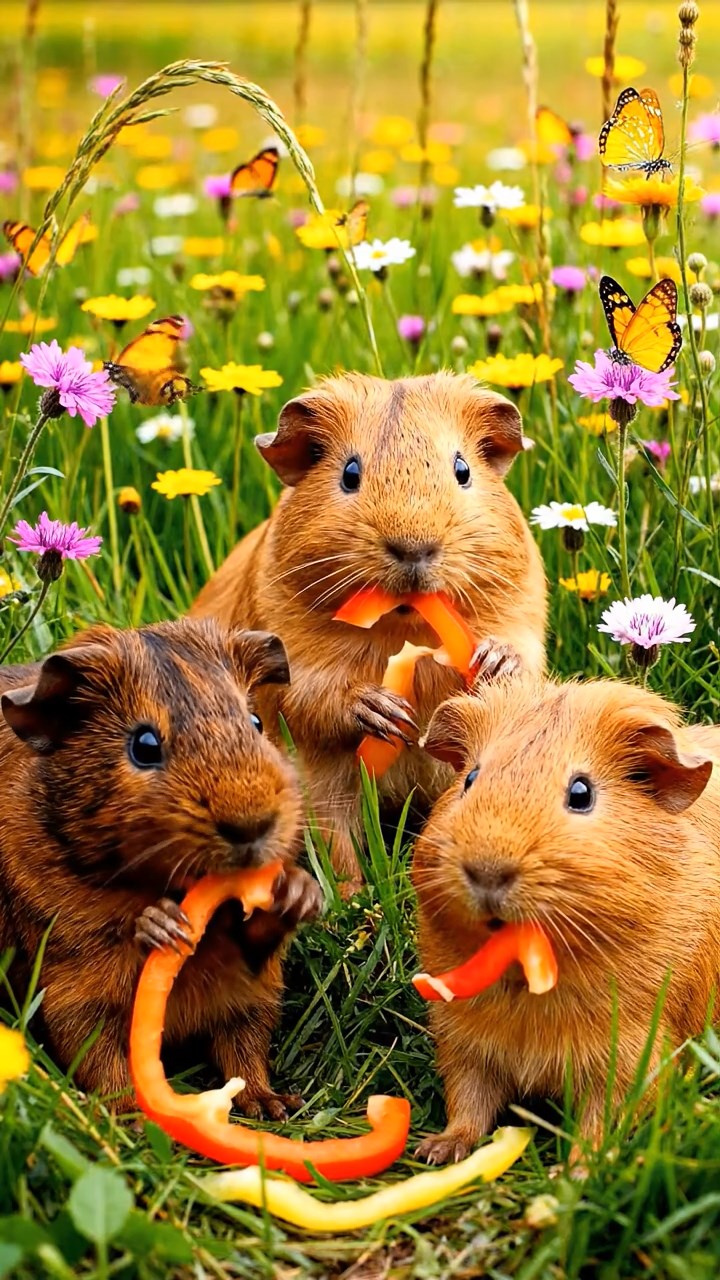 1512. Photorealistic scene of 3 smooth-haired Abyssinian guinea pigs featuring fawn, chocolate, and cinnamon coats, munching on bell pepper strips, in a lush wildflower prairie with butterflies and gentle breezes.
