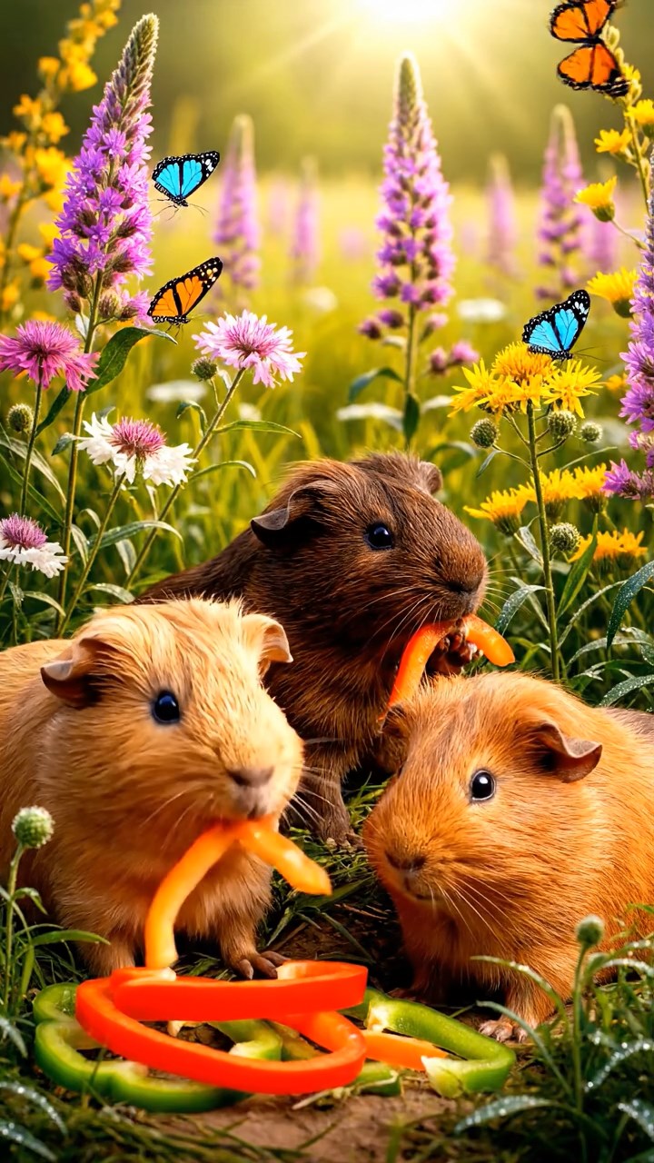 1512. Photorealistic scene of 3 smooth-haired Abyssinian guinea pigs featuring fawn, chocolate, and cinnamon coats, munching on bell pepper strips, in a lush wildflower prairie with butterflies and gentle breezes.