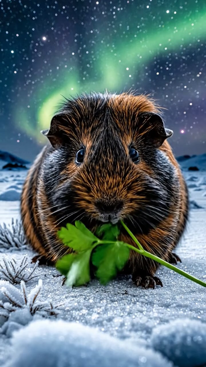 1513. Realistic photo of 1 smooth-haired Peruvian guinea pig with sable fur, eating fresh parsley, on a frozen tundra plain with northern lights streaking across the sky.