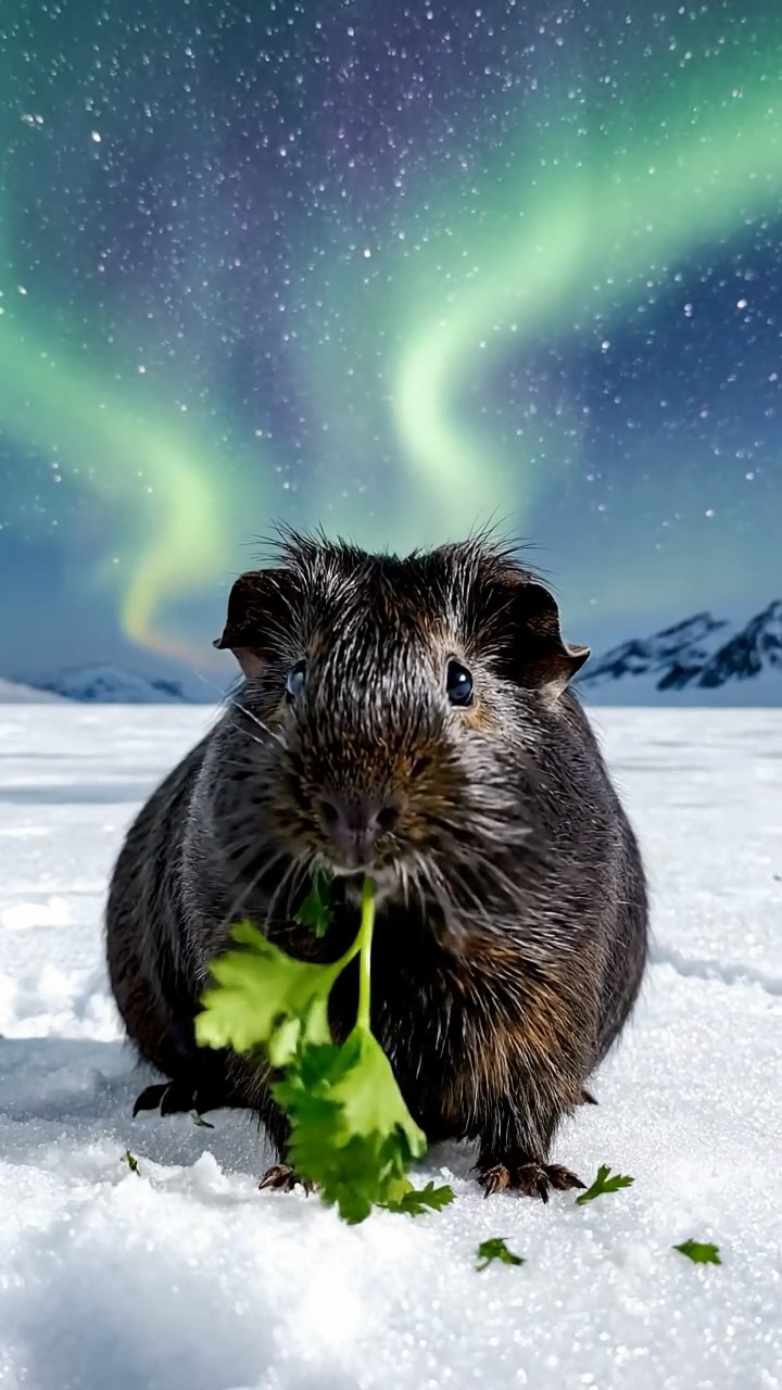 1513. Realistic photo of 1 smooth-haired Peruvian guinea pig with sable fur, eating fresh parsley, on a frozen tundra plain with northern lights streaking across the sky.