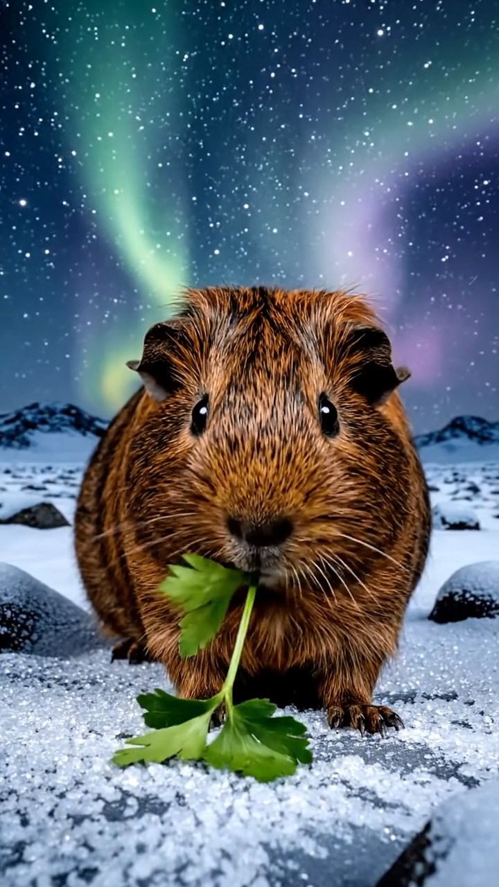 1513. Realistic photo of 1 smooth-haired Peruvian guinea pig with sable fur, eating fresh parsley, on a frozen tundra plain with northern lights streaking across the sky.