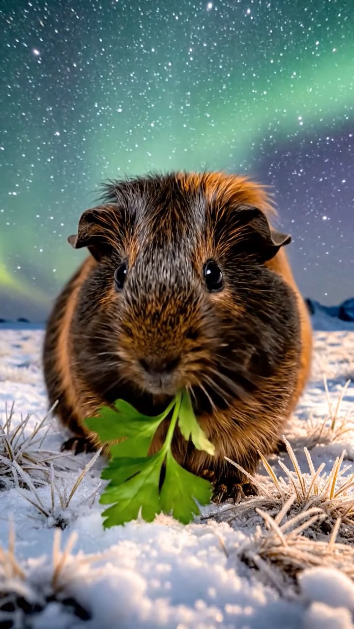 1513. Realistic photo of 1 smooth-haired Peruvian guinea pig with sable fur, eating fresh parsley, on a frozen tundra plain with northern lights streaking across the sky.