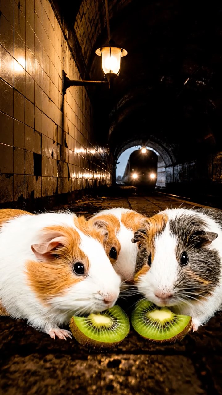 1514. Highly detailed view of 4 smooth-haired Silkie guinea pigs with white, orange, and gray fur, nibbling on kiwi fruit, in a dimly lit subway station platform with tiled walls and arriving trains.