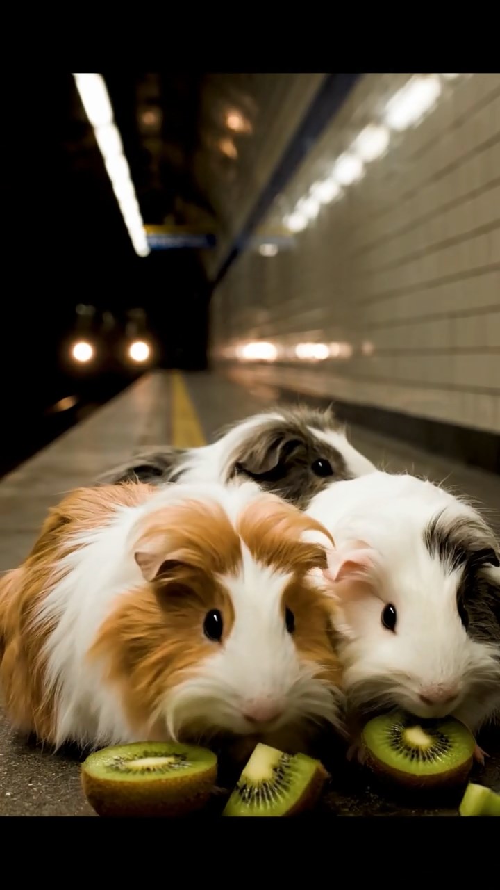 1514. Highly detailed view of 4 smooth-haired Silkie guinea pigs with white, orange, and gray fur, nibbling on kiwi fruit, in a dimly lit subway station platform with tiled walls and arriving trains.