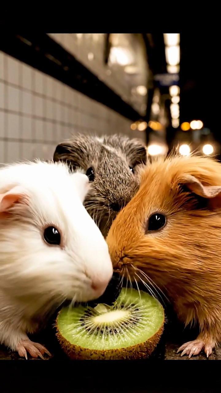 1514. Highly detailed view of 4 smooth-haired Silkie guinea pigs with white, orange, and gray fur, nibbling on kiwi fruit, in a dimly lit subway station platform with tiled walls and arriving trains.