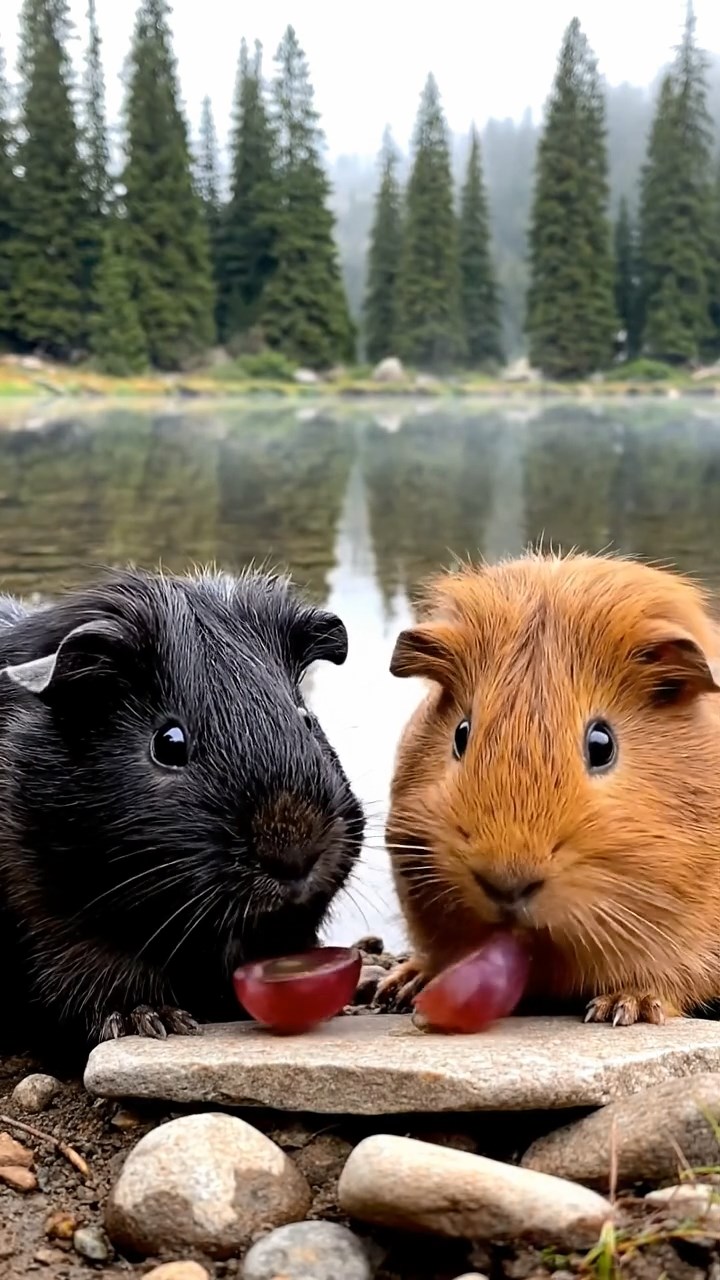 1515. Photorealistic image of 2 smooth-haired Teddy guinea pigs in black and brown colors, enjoying grape halves, by a calm mountain lake shore with pine reflections and misty mornings.