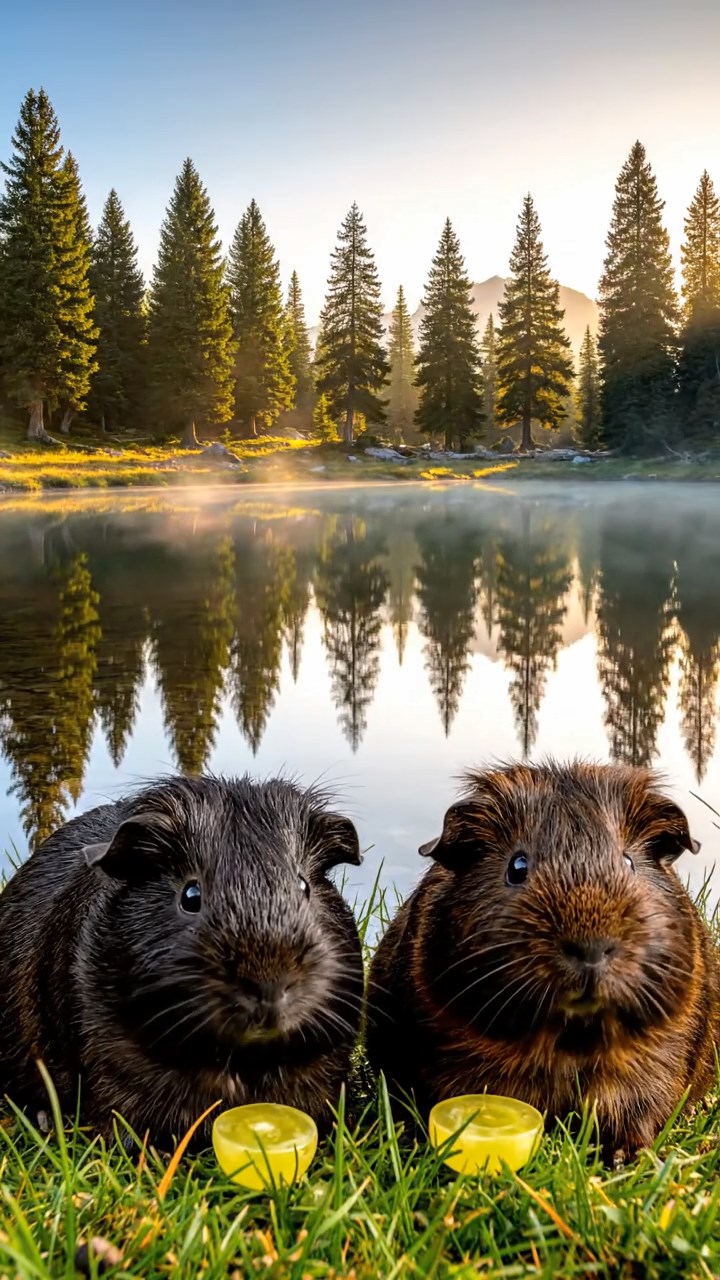 1515. Photorealistic image of 2 smooth-haired Teddy guinea pigs in black and brown colors, enjoying grape halves, by a calm mountain lake shore with pine reflections and misty mornings.