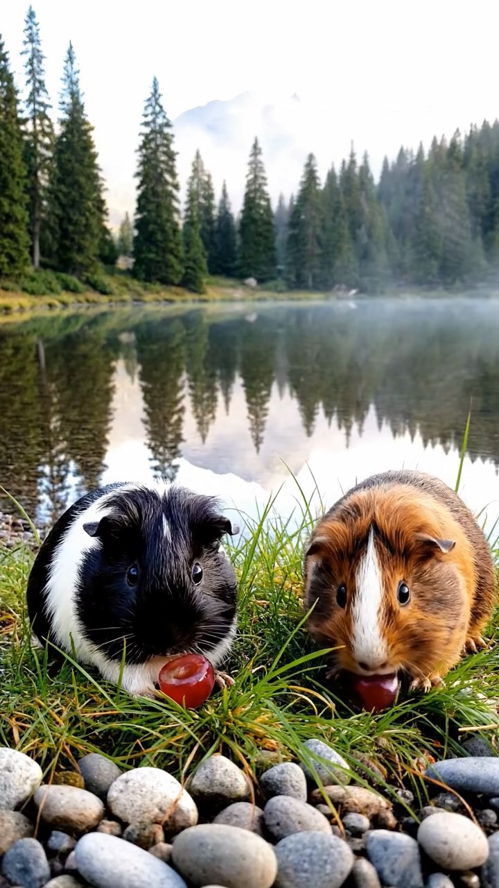 1515. Photorealistic image of 2 smooth-haired Teddy guinea pigs in black and brown colors, enjoying grape halves, by a calm mountain lake shore with pine reflections and misty mornings.