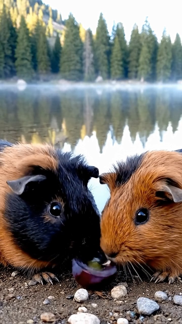 1515. Photorealistic image of 2 smooth-haired Teddy guinea pigs in black and brown colors, enjoying grape halves, by a calm mountain lake shore with pine reflections and misty mornings.