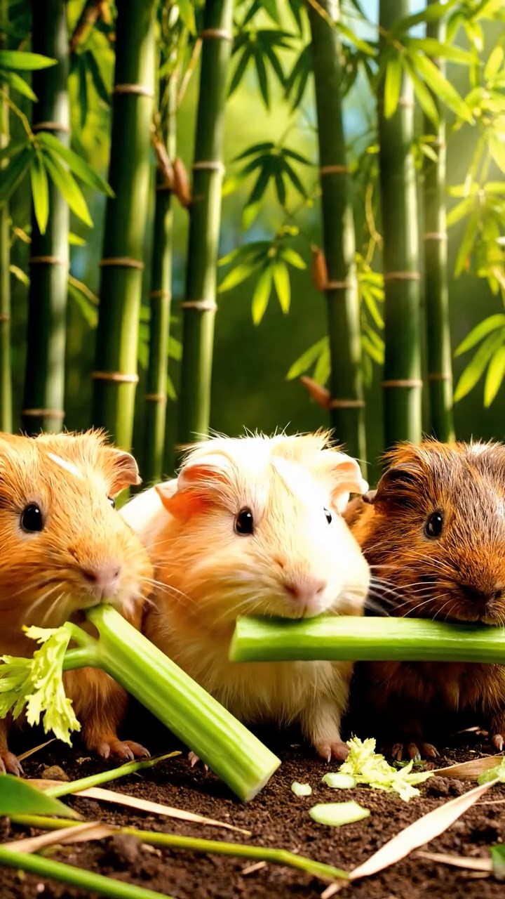 1516. Realistic depiction of 3 smooth-haired Texel guinea pigs with cream, fawn, and chocolate fur, chewing on celery stalks, in a dense exotic bamboo grove with sunlight filtering through leaves.