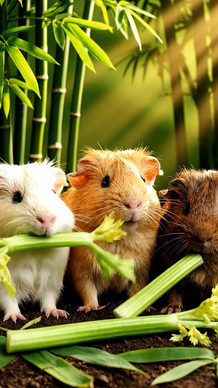 1516. Realistic depiction of 3 smooth-haired Texel guinea pigs with cream, fawn, and chocolate fur, chewing on celery stalks, in a dense exotic bamboo grove with sunlight filtering through leaves.