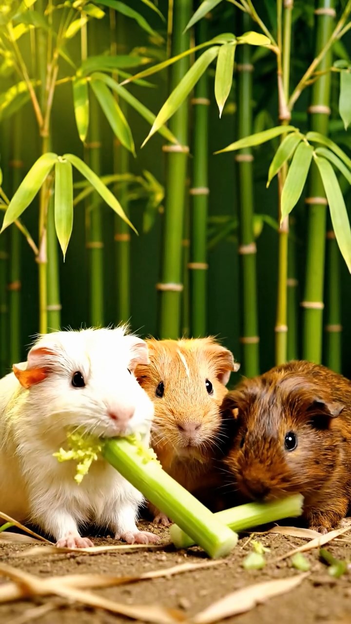 1516. Realistic depiction of 3 smooth-haired Texel guinea pigs with cream, fawn, and chocolate fur, chewing on celery stalks, in a dense exotic bamboo grove with sunlight filtering through leaves.