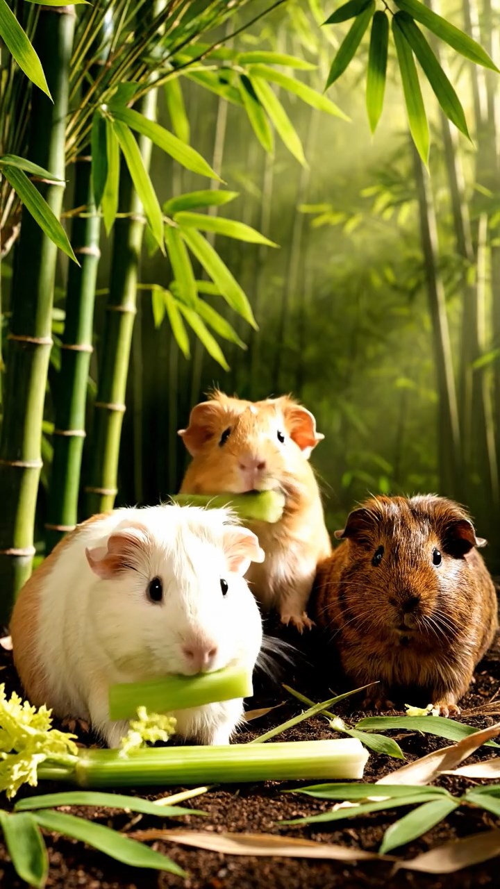 1516. Realistic depiction of 3 smooth-haired Texel guinea pigs with cream, fawn, and chocolate fur, chewing on celery stalks, in a dense exotic bamboo grove with sunlight filtering through leaves.