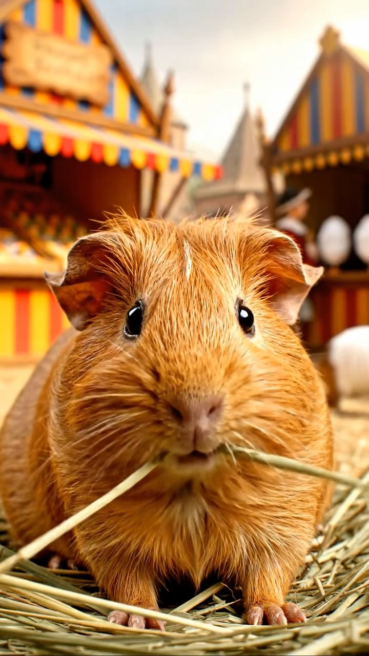1517. Detailed scene of 1 smooth-haired Rex guinea pig with cinnamon fur, munching on timothy hay, at a colorful fairground stall with game booths and cotton candy.