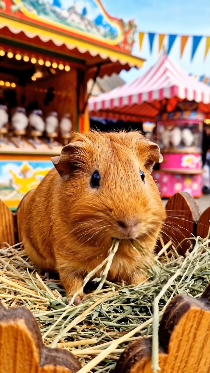 1517. Detailed scene of 1 smooth-haired Rex guinea pig with cinnamon fur, munching on timothy hay, at a colorful fairground stall with game booths and cotton candy.