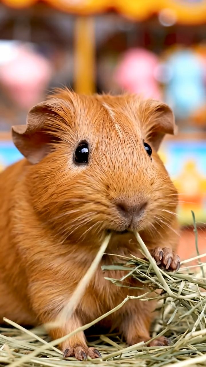 1517. Detailed scene of 1 smooth-haired Rex guinea pig with cinnamon fur, munching on timothy hay, at a colorful fairground stall with game booths and cotton candy.