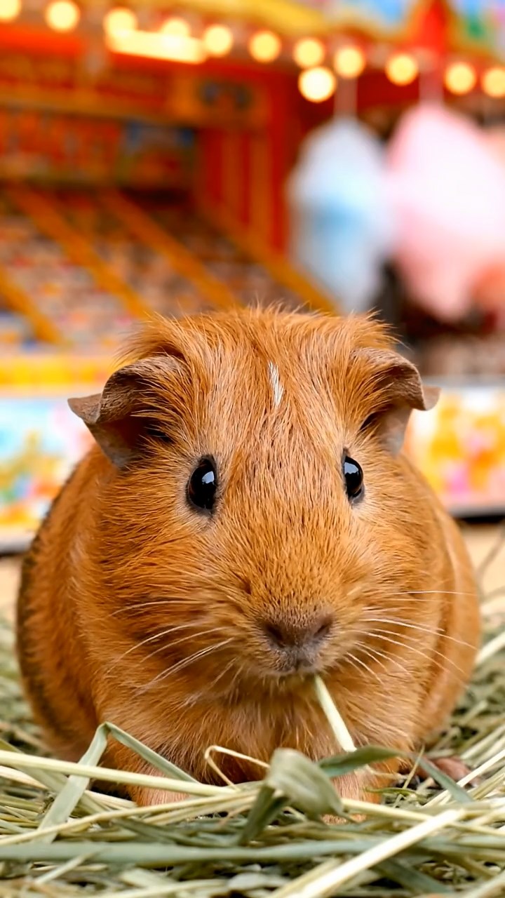 1517. Detailed scene of 1 smooth-haired Rex guinea pig with cinnamon fur, munching on timothy hay, at a colorful fairground stall with game booths and cotton candy.