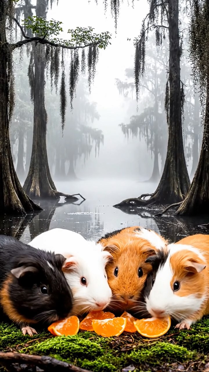 1518. Photorealistic photo of 5 smooth-haired Coronet guinea pigs featuring sable, white, and orange coats, sharing orange segments, in a foggy southern bayou with twisted cypress trees.