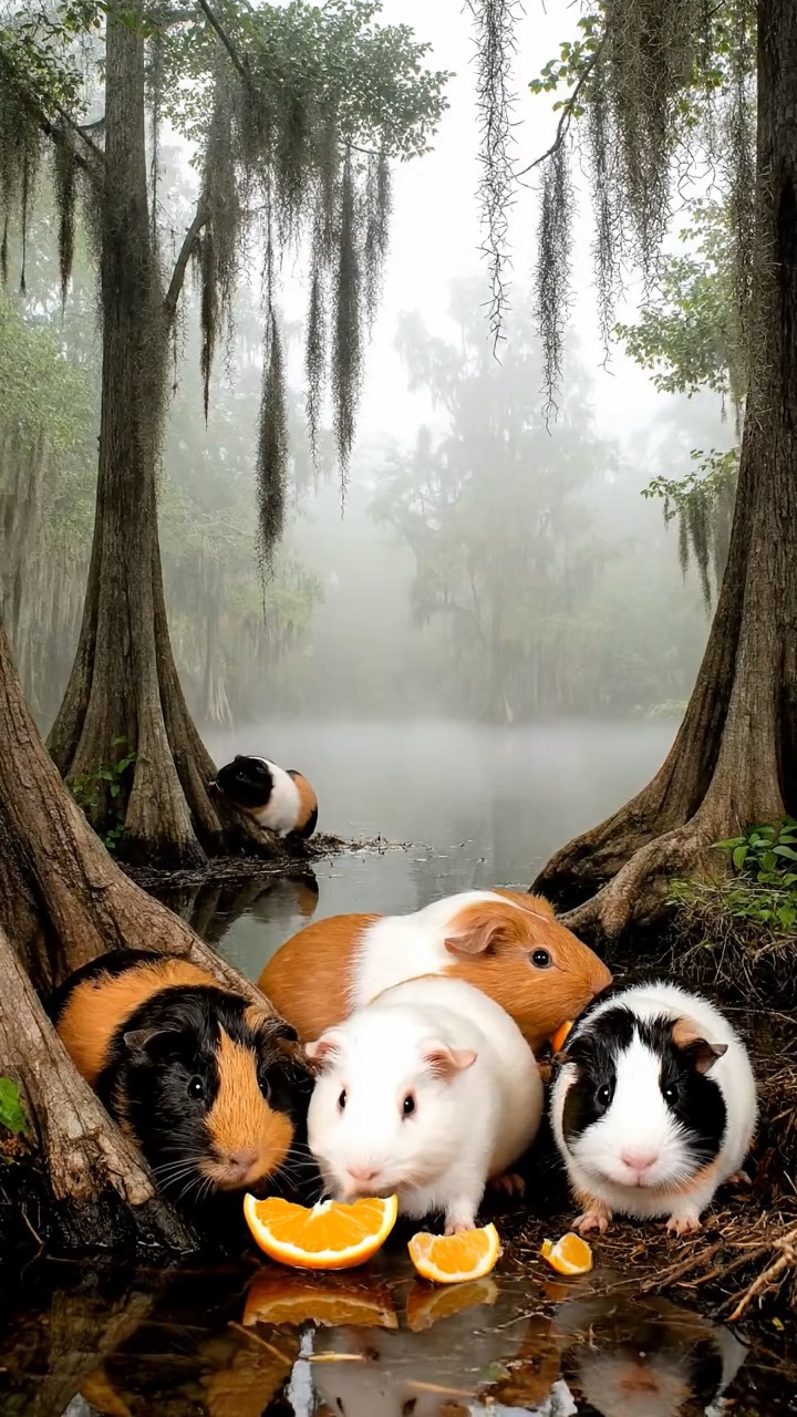 1518. Photorealistic photo of 5 smooth-haired Coronet guinea pigs featuring sable, white, and orange coats, sharing orange segments, in a foggy southern bayou with twisted cypress trees.