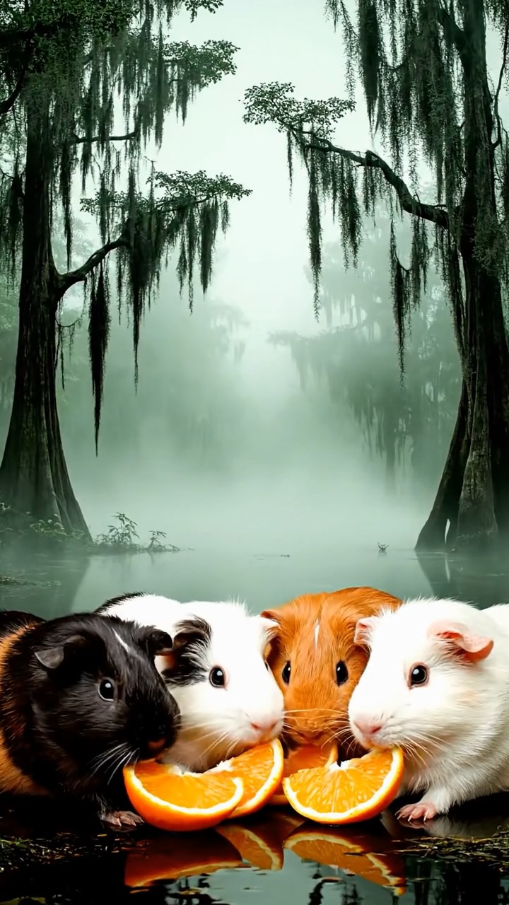 1518. Photorealistic photo of 5 smooth-haired Coronet guinea pigs featuring sable, white, and orange coats, sharing orange segments, in a foggy southern bayou with twisted cypress trees.