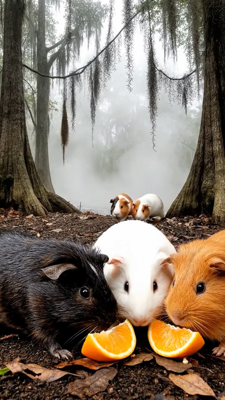 1518. Photorealistic photo of 5 smooth-haired Coronet guinea pigs featuring sable, white, and orange coats, sharing orange segments, in a foggy southern bayou with twisted cypress trees.