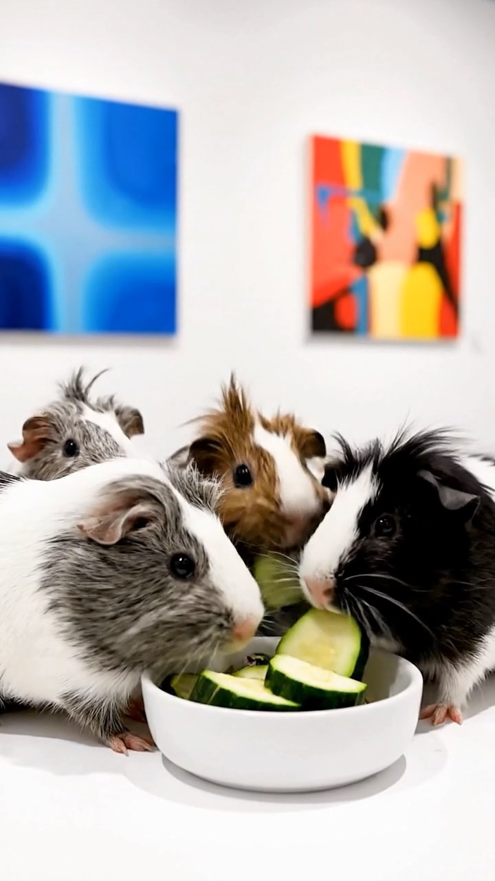 1519. Realistic image of 4 smooth-haired White Crested guinea pigs with gray, black, and brown fur, eating zucchini slices, inside a sleek modern gallery space with abstract artworks.
